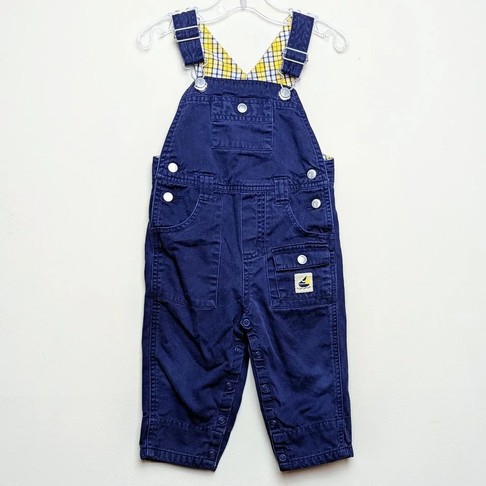 Vintage Gymboree Sailboat 2002 Boat‎ Navy Plaid Lined Overalls Y2K 12-18 Months